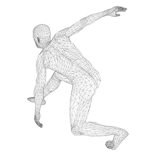 Чоловічий спортсмен, дисковод або бігун, в режимі очікування або низький старт. Погляди з різних сторін. Векторна ілюстрація чорної трикутної сітки на білому тлі . — стоковий вектор