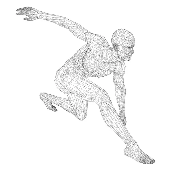 Δισκοβόλος αρσενικό αθλητής ή ένας δρομέας, αναμονής ή χαμηλή εκκίνηση. Απόψεις από διαφορετικές πλευρές. Εικονογράφηση διάνυσμα μαύρο, τριγωνικό πλέγμα σε λευκό φόντο. — Διανυσματικό Αρχείο