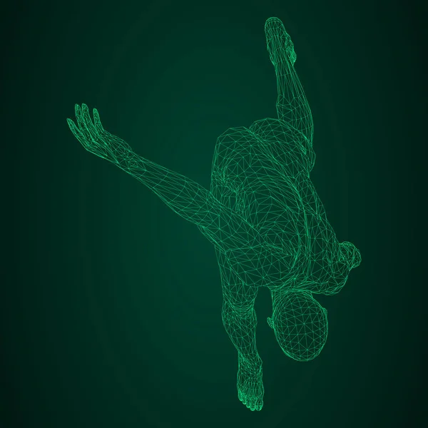 Мужчина спортсмен метатель диска или бегун, в ожидании или низком старте. Вид с разных сторон. Векторная иллюстрация зелёной неоновой светящейся треугольной сетки на чёрном и зелёном фоне . — стоковый вектор