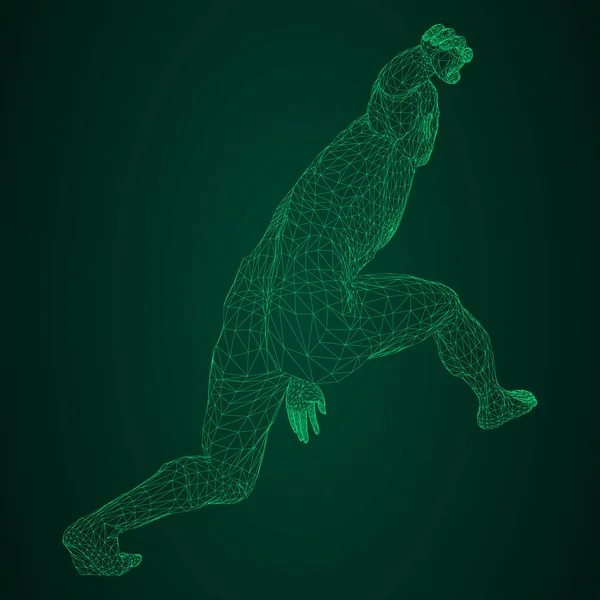 Δισκοβόλος αρσενικό αθλητής ή ένας δρομέας, αναμονής ή χαμηλή εκκίνηση. Απόψεις από διαφορετικές πλευρές. Εικονογράφηση διάνυσμα πράσινο νέον λαμπερό τριγωνικό πλέγμα σε μαύρο και πράσινο φόντο. — Διανυσματικό Αρχείο