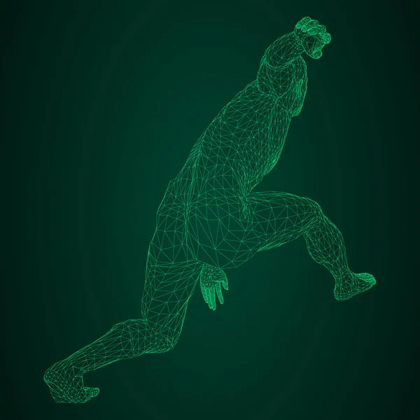 Lanzador de disco atleta masculino o un corredor, en modo de espera o de arranque bajo. Vistas desde diferentes lados. Ilustración vectorial de malla triangular brillante de neón verde sobre fondo negro y verde . — Vector de stock