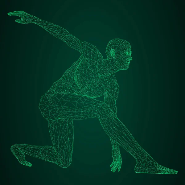 Lanceur de disque athlète masculin ou un coureur, en attente ou à faible départ. Vues de différents côtés. Illustration vectorielle du maillage triangulaire vert néon brillant sur fond noir et vert . — Image vectorielle