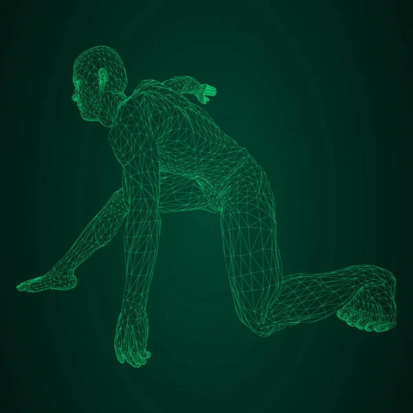 Lanceur de disque athlète masculin ou un coureur, en attente ou à faible départ. Vues de différents côtés. Illustration vectorielle du maillage triangulaire vert néon brillant sur fond noir et vert . — Image vectorielle