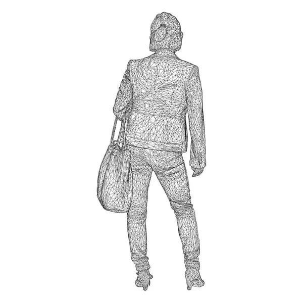Μια γυναίκα με μια τσάντα για το χέρι λυγισμένο. Εικονογράφηση διάνυσμα από ένα μαύρο τριγωνικό πλέγμα σε λευκό φόντο. — Διανυσματικό Αρχείο