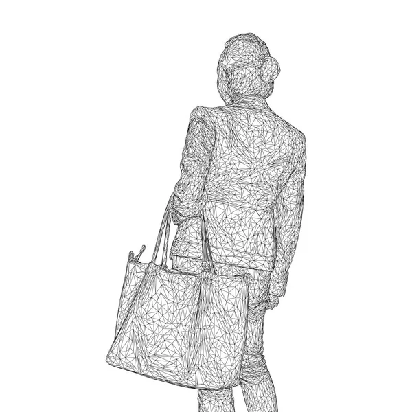 Bükülmüş elini bir çanta olan bir kadın. Beyaz bir arka plan üzerinde siyah bir üçgen ağ vektör çizim. — Stok Vektör