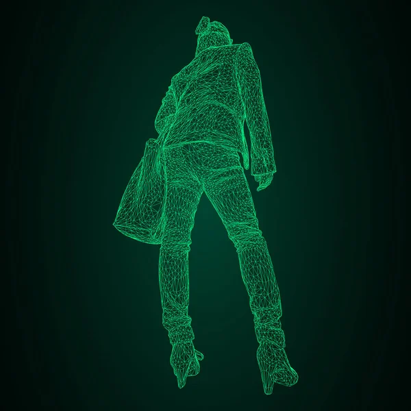 Bükülmüş elini bir çanta olan bir kadın. Vektör çizim siyah ve yeşil zemin üzerine yeşil ışık saçan üçgen ızgara. — Stok Vektör