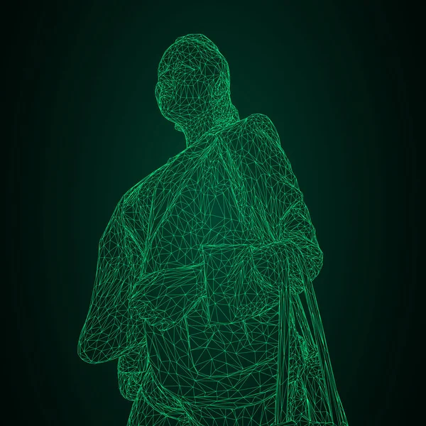 Uma mulher com um saco na mão dobrada. Ilustração vetorial de uma grade triangular luminosa verde sobre um fundo preto e verde . —  Vetores de Stock