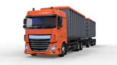 Büyük portakal kamyon nakliye tarım ve bina hacim materyalleri ve ürünleri için ayrı römork ile. 3D render.