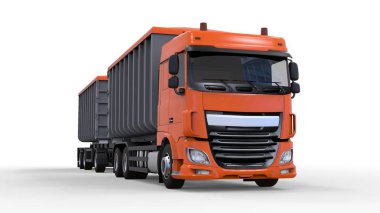 Büyük portakal kamyon nakliye tarım ve bina hacim materyalleri ve ürünleri için ayrı römork ile. 3D render.