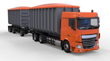 Büyük portakal kamyon nakliye tarım ve bina hacim materyalleri ve ürünleri için ayrı römork ile. 3D render.