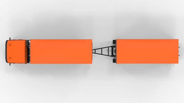 Großer orangefarbener LKW mit separatem Anhänger für den Transport von landwirtschaftlichen und Baumaterialien und Produkten. 3D-Darstellung. — Stockfoto