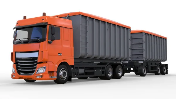 Большой оранжевый грузовик с отдельным прицепом, для перевозки сельскохозяйственных и строительных сыпучих материалов и продукции. 3d-рендеринг . — стоковое фото