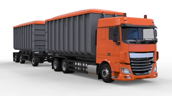 농업과 건축 대량 재료 및 제품의 운송에 대 한 별도 트레일러와 함께 큰 오렌지 트럭. 3 차원 렌더링. — 스톡 사진