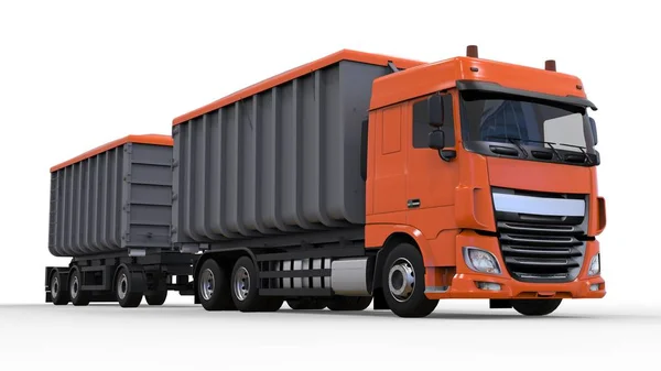 Grande caminhão laranja com reboque separado, para o transporte de materiais e produtos agrícolas e de construção a granel. Renderização 3d . — Fotografia de Stock