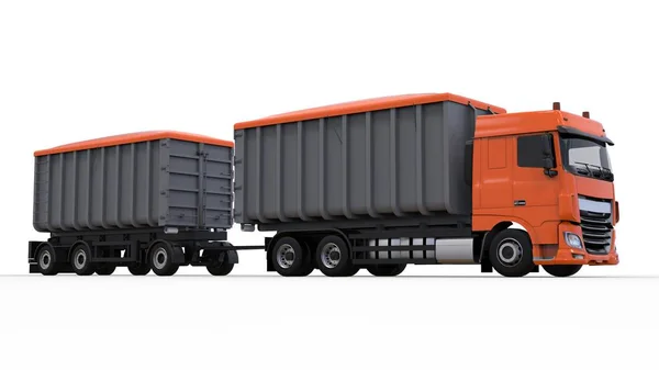 Μεγάλο πορτοκαλί φορτηγό με ρυμουλκούμενο ξεχωριστά, για τη μεταφορά των χύμα γεωργικά και οικοδομικά υλικά και προϊόντα. 3D rendering. — Φωτογραφία Αρχείου