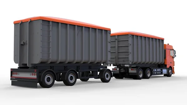 Grote oranje truck met aparte aanhangwagen, voor het vervoer van de landbouw en de bouw stortgoederen en producten. 3D-rendering. — Stockfoto