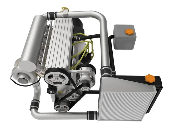 En turboladdad fyrcylindrig, högpresterande motor för en sportbil. 3D-rendering. — Stockfoto