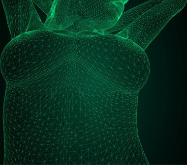 Bir insan vücudunun kavramsal vektör Illustration. Kadın meme ve vücut yeşil satırlık yapılan üç boyutlu üçgen poligon kafes şeklinde.