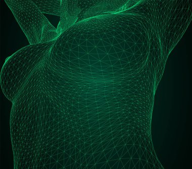 Bir insan vücudunun kavramsal vektör Illustration. Kadın meme ve vücut yeşil satırlık yapılan üç boyutlu üçgen poligon kafes şeklinde.