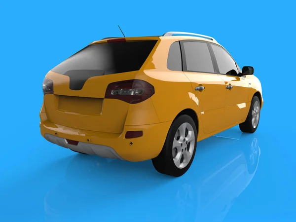 Colore giallo crossover compatto su sfondo blu. Vista posteriore destra. rendering 3d . — Foto Stock