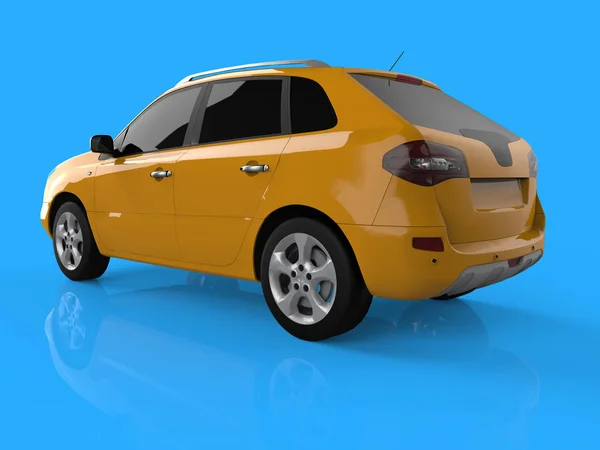 Compact city crossover yellow color on a blue background. Left rear view. 3d rendering. — Stock Photo, Image