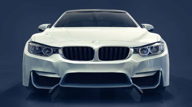 Sigorta primi Bmw araba beyaz. Üç boyutlu illüstrasyon koyu mavi zemin üzerine. 3D render.