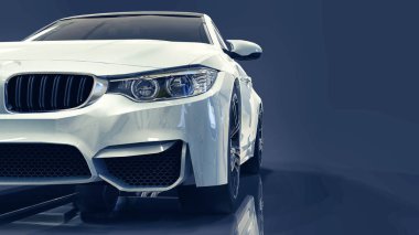 Sigorta primi Bmw araba beyaz. Üç boyutlu illüstrasyon koyu mavi zemin üzerine. 3D render.