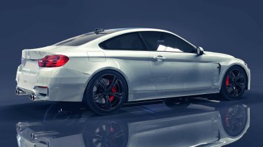 Sigorta primi Bmw araba beyaz. Üç boyutlu illüstrasyon koyu mavi zemin üzerine. 3D render.