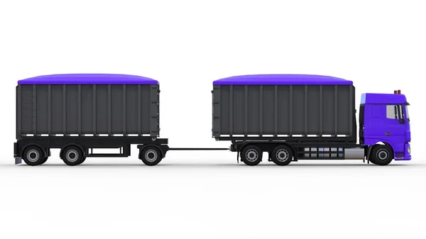 Großer lila LKW mit separatem Anhänger, für den Transport von landwirtschaftlichen und Baumaterialien und Produkten. 3D-Darstellung. — Stockfoto