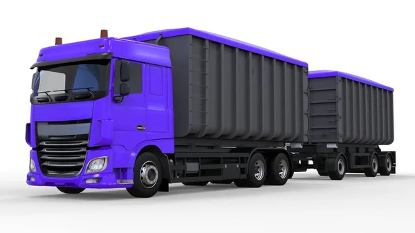 Großer lila LKW mit separatem Anhänger, für den Transport von landwirtschaftlichen und Baumaterialien und Produkten. 3D-Darstellung. — Stockfoto