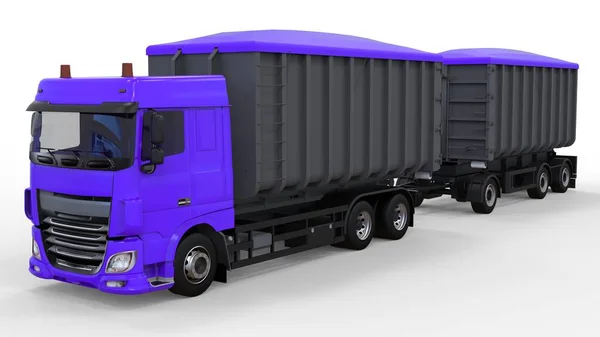 Grande caminhão roxo com reboque separado, para o transporte de materiais e produtos agrícolas e de construção a granel. Renderização 3d . — Fotografia de Stock