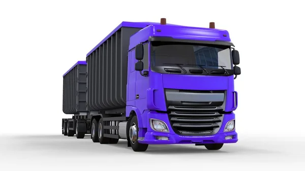 Großer lila LKW mit separatem Anhänger, für den Transport von landwirtschaftlichen und Baumaterialien und Produkten. 3D-Darstellung. — Stockfoto