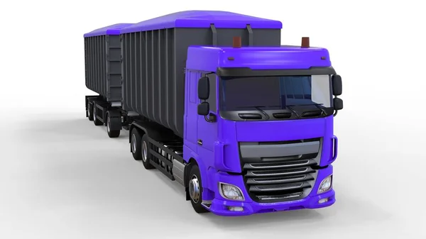 Großer lila LKW mit separatem Anhänger, für den Transport von landwirtschaftlichen und Baumaterialien und Produkten. 3D-Darstellung. — Stockfoto