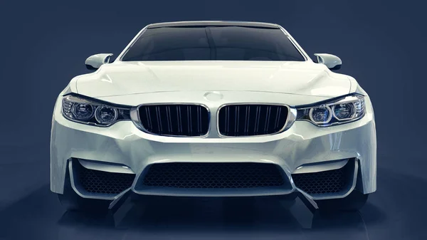Biały samochód Bmw premium. Trójwymiarowa ilustracja na ciemnym niebieskim tle. renderowania 3D. — Zdjęcie stockowe