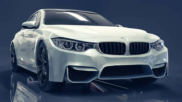 Vitt premium Bmw bil. Tredimensionell illustration på en Mörkblå bakgrund. 3D-rendering. — Stockfoto