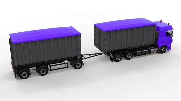 Grande camion viola con rimorchio separato, per il trasporto di materiali e prodotti agricoli e da costruzione alla rinfusa. rendering 3d . — Foto Stock