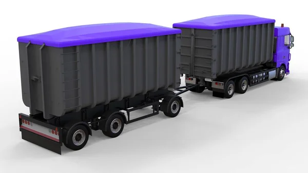 Nagy lila teherautó külön pótkocsi, a közlekedési, mezőgazdasági és építési ömlesztett anyagok és termékek. 3D-leképezés. — Stock Fotó