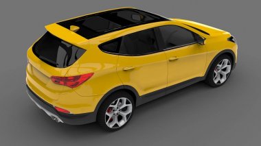 Kompakt şehir crossover sarı renk gri bir arka plan üzerinde. 3D render.