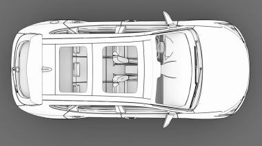 Kompakt şehir crossover beyaz renk gri bir arka plan üzerinde. Tek renkli şematik resim yüzeyinde gölgeler. 3D render.