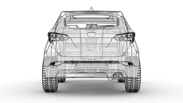 Среднеразмерный городской кроссовер. Иллюстрация на белом фоне, автомобиль обведен линиями и имеет полупрозрачный корпус. 3d-рендеринг
.
