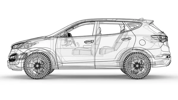 中規模都市のクロス オーバー。白い背景、車のイラストの線で輪郭が表示されたらで、半透明体。3 d レンダリング. — ストック写真