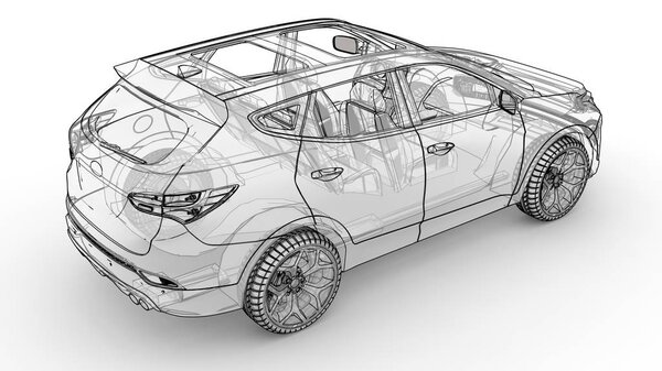Среднеразмерный городской кроссовер. Иллюстрация на белом фоне, автомобиль обведен линиями и имеет полупрозрачный корпус. 3d-рендеринг
.