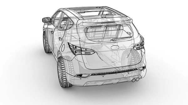 Mellanstora staden crossover. En illustration på vit bakgrund, bilen är beskrivs av linjer och har en genomskinlig kropp. 3D-rendering. — Stockfoto