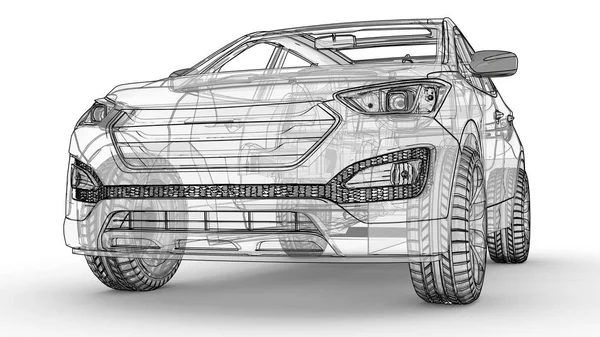 Mellanstora staden crossover. En illustration på vit bakgrund, bilen är beskrivs av linjer och har en genomskinlig kropp. 3D-rendering. — Stockfoto