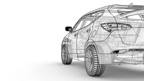 Mellanstora staden crossover. En illustration på vit bakgrund, bilen är beskrivs av linjer och har en genomskinlig kropp. 3D-rendering. — Stockfoto