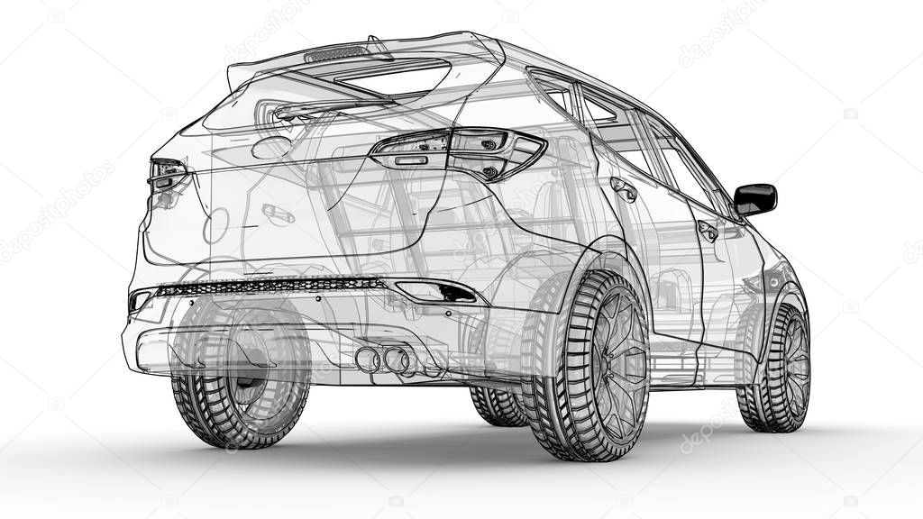 Mid-size city crossover. An illustration on a white background, the car is outlined by lines and has a translucent body. 3d rendering.