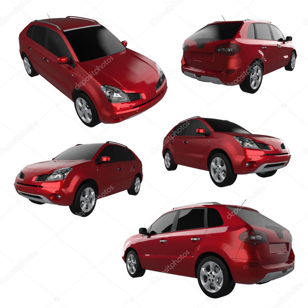 Set compact city crossover red color on a white background. 3d rendering.