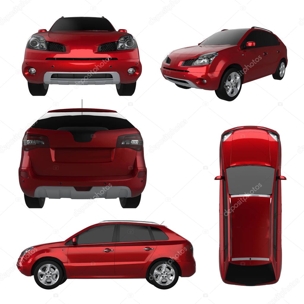 Set compact city crossover red color on a white background. 3d rendering.