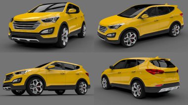 Kompakt şehir crossover sarı renk gri bir arka plan üzerinde ayarlayın. 3D render.