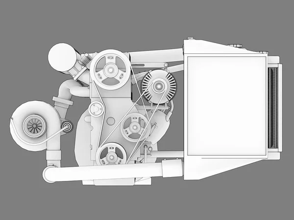 Přeplňovaný čtyřválec, vysoce výkonný motor pro sportovní automobil. Černá a bílá rastrový obrázek ilustrace bílé motor silueta ohraničena černými čarami tahů. 3D vykreslování. — Stock fotografie